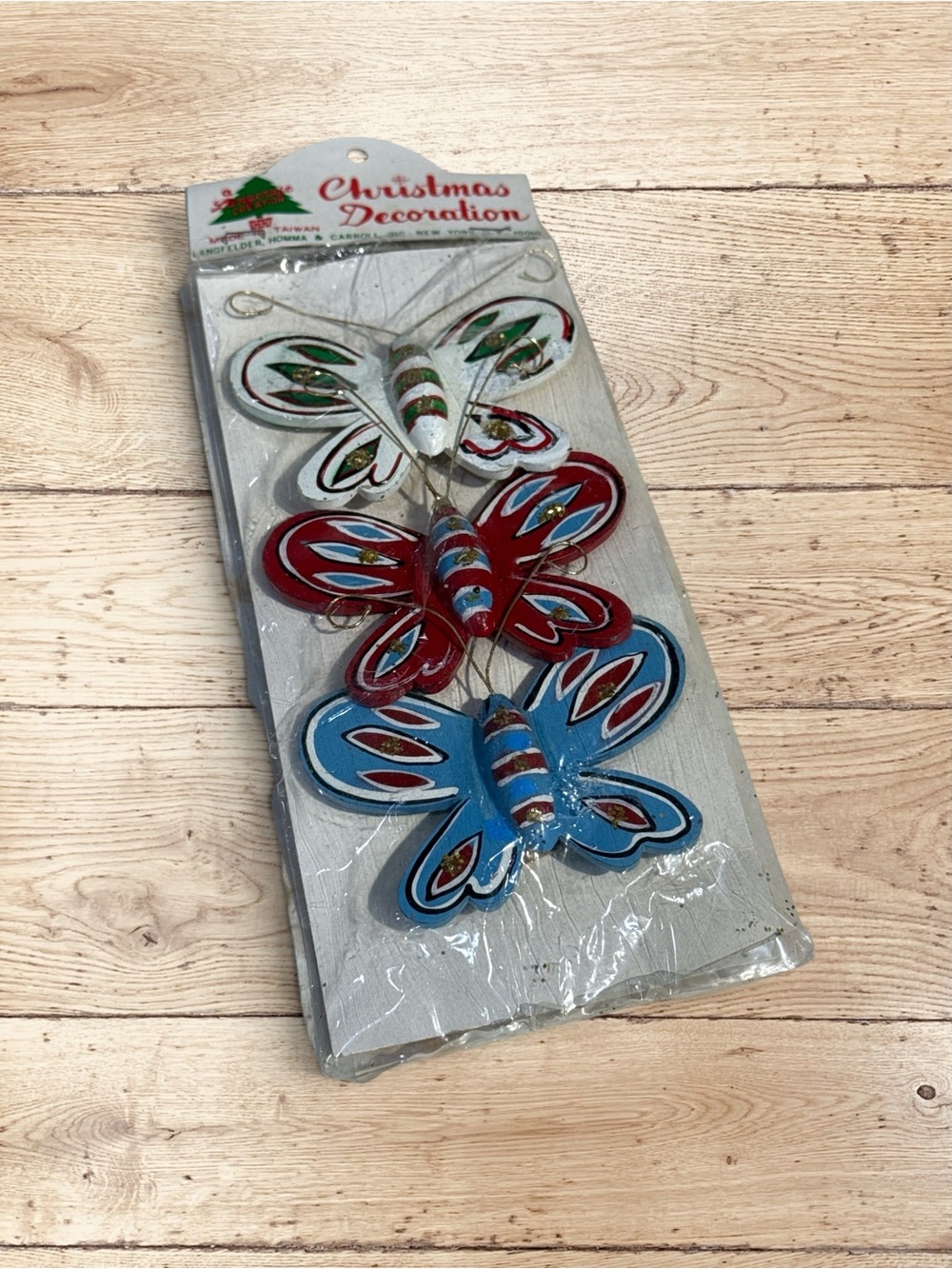 Vintage NOS Butterfly Christmas Ornaments Set 3 Taiwan Retro Kitsch
